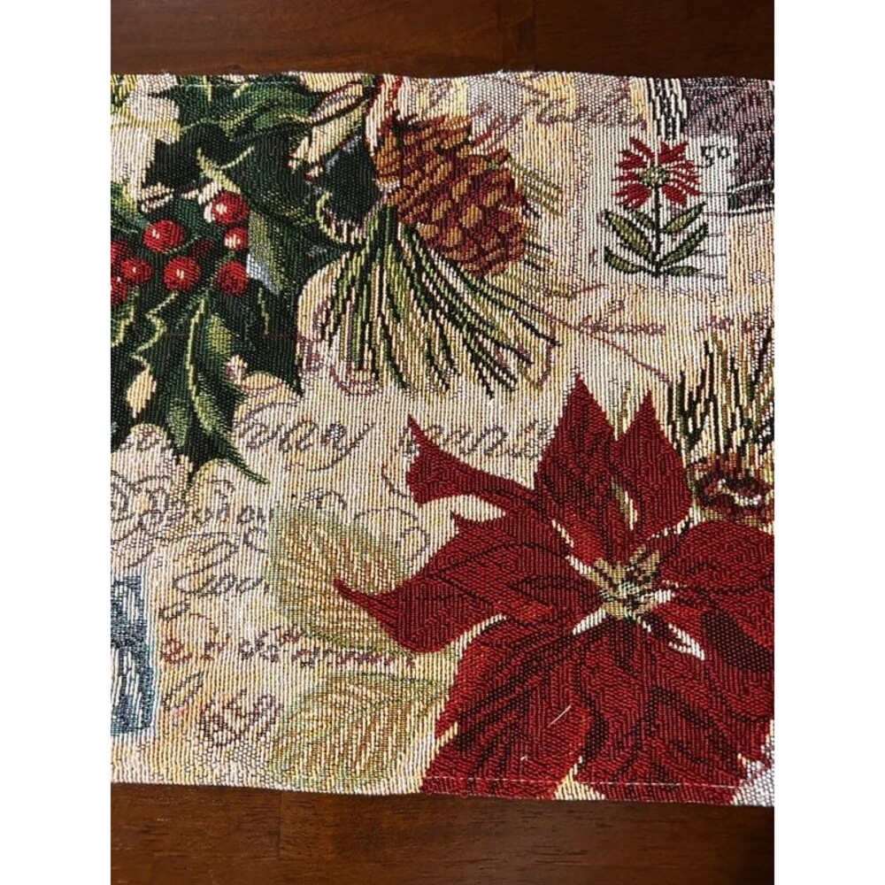 Christmas Poinsettia Tapestry Table Runner Holly Berry & Pinecone Decor